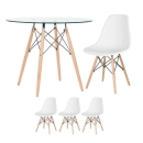Mesa redonda Eames com tampo de vidro 90 cm + 3 cadeiras Eiffel DSW - Branco