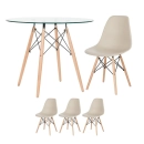 Mesa redonda Eames com tampo de vidro 90 cm + 3 cadeiras Eiffel DSW - Nude