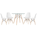 Mesa redonda Eames com tampo de vidro 90 cm + 4 cadeiras Eiffel DSW - Branco