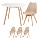 Mesa redonda Leda 100 cm branco + 3 cadeiras estofadas Leda Nude