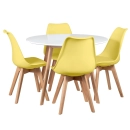 Mesa redonda Leda 100 cm branco + 4 cadeiras estofadas Leda Amarelo