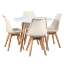 Mesa redonda Leda 100 cm branco + 4 cadeiras estofadas Leda Creme