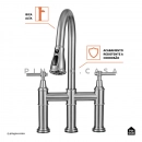 Torneira para Cozinha Gourmet Misturador Extensível Duplo Comando Aço Inox 304 Içá Prata Escovado